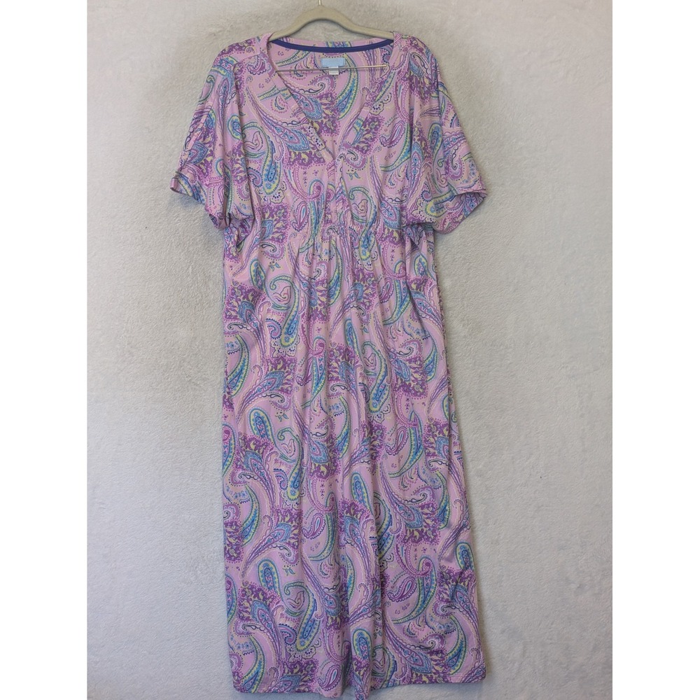 Celestial Dreams Nightgown Women's Large Pink Paisley‎ Maxi V-Neck Short Sleeve